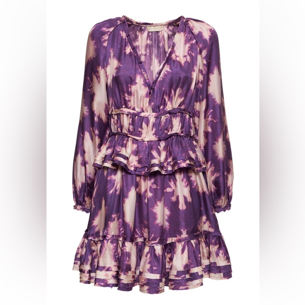 Ulla Johnson Emery Silk Ruffle Long Sleeve Mini Dress Purple Shibori Size 0 NWOT - Picture 3 of 15